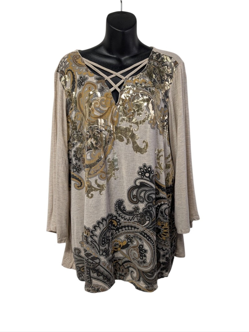 Westport Womens Plus 2X Beige Paisley V-Neck Strappy Metallic 3/4 Tunic Top